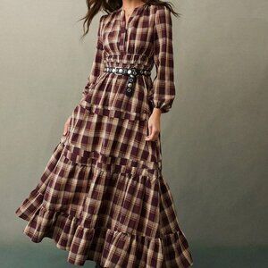 Burgundy Casual Women's Western Plaid Notch V-Neck Tiered Long Sleeve maxi Dress